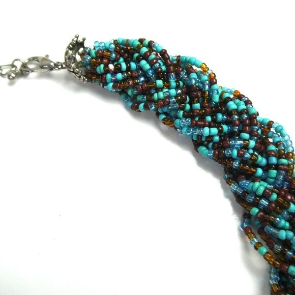 Woven Braded Multi Strand Seed Beaded Necklace Blue Teal Brown 21" Bib Statement - Picture 6 of 7